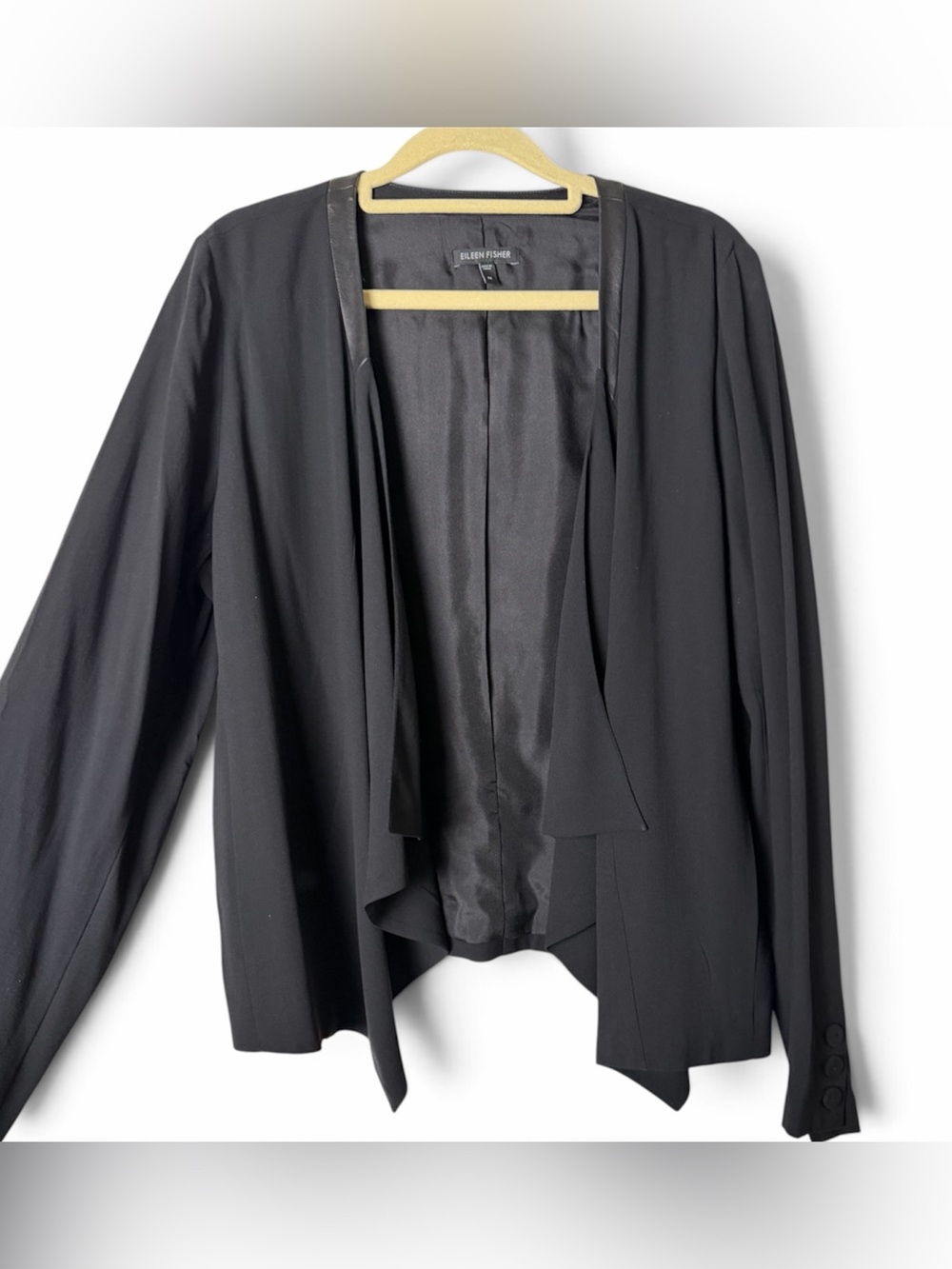 Eileen Fisher Leather Trimmed Silk Open Front Jacket size Medium